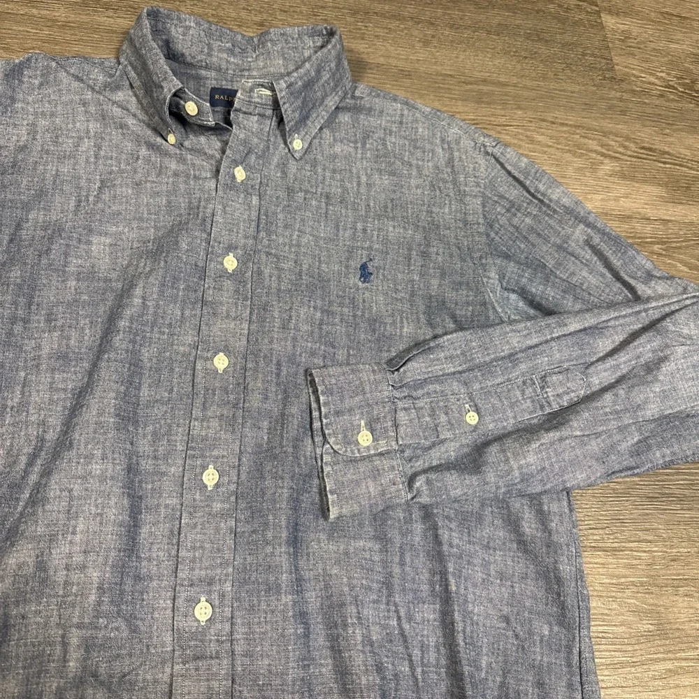 RALPH LAUREN Men Dress Shirt Lightweight Denim Cotton Custom Fit L Blue Pony